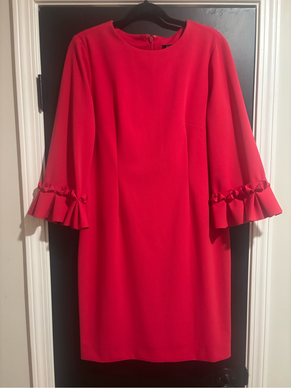 Tahari Fushia Long-Sleeve Shift Dress with Ruffled Bell Cuffs